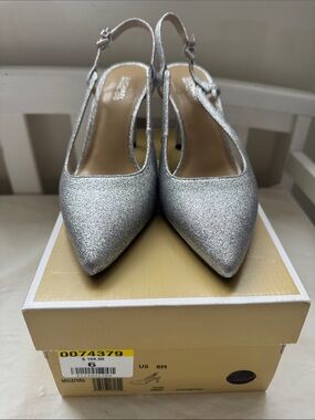 Women’s MICHAEL Michael Kors Silver Glitter Pointed Slingback Heels with box